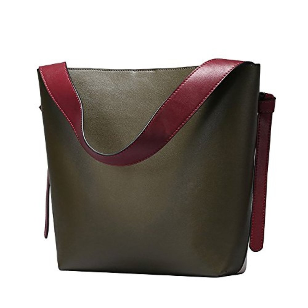 Green Color Block Leather Tote Shoulder Handbag